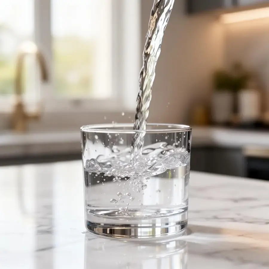 Crystal clear filtered water in a glass on a marble counter